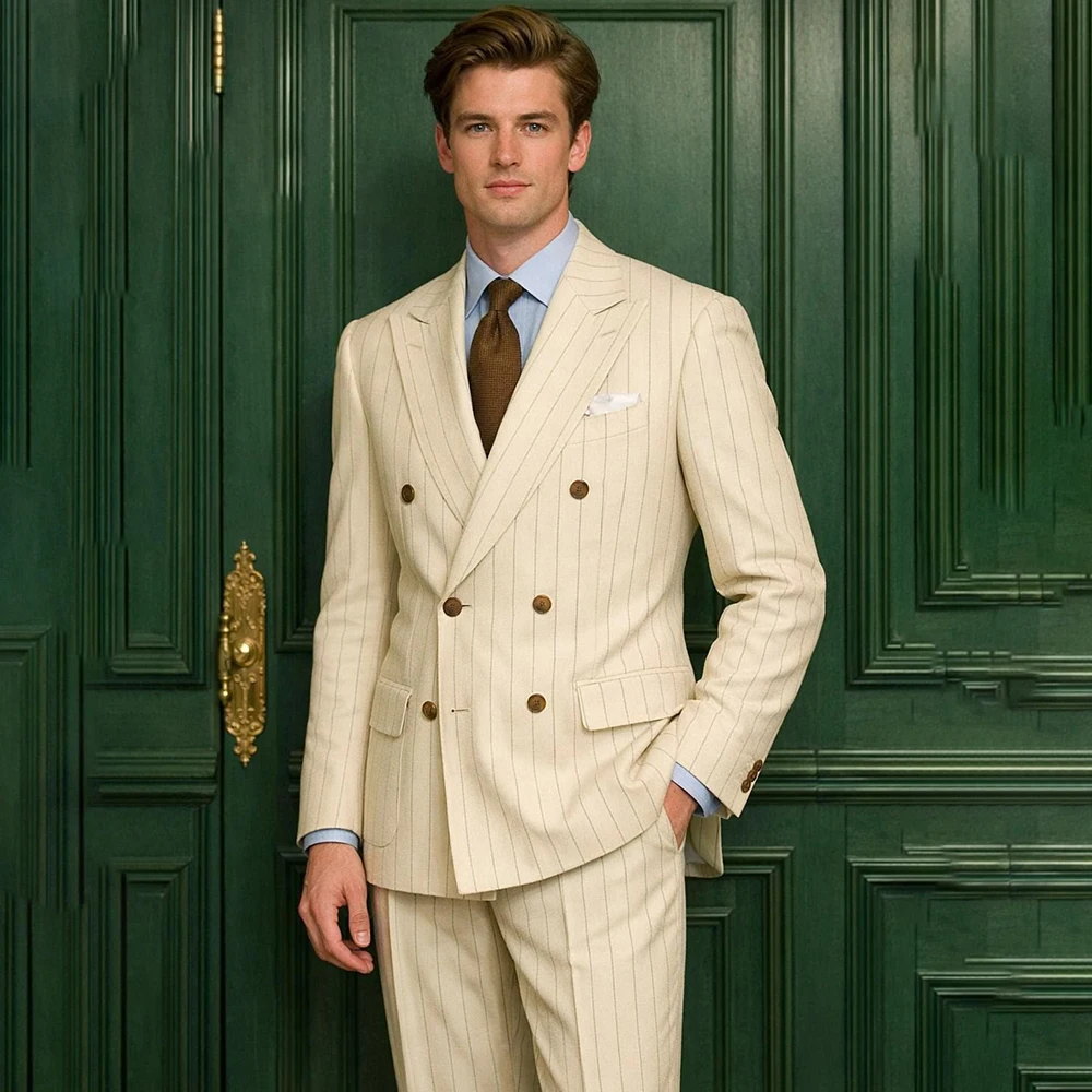 

Gentlemen Stripe Men's Suits Formal Regular Fit 2 Piece Jacket Pants Sets High Quality Wedding Male Clothin Costume Homme