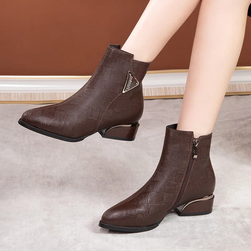 

2025Spring Ankle Boots for Women Square Mid Heel Zip Shoes Woman Pointed Toe Shoes Female Classic Casual Short Boots Botas Mujer