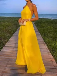 Fashion Metal Chain Halter Neck Long Dresses Women Sexy Backless Temperament Lady Solid Color Commuting Party Dress Summer New