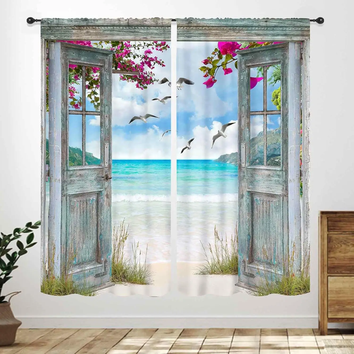 Retro Weathered Wood Door Seaside Beach Curtain Pink Bougainvillea Seagull Blue Sea Sky Print Drape Coastal Household Window