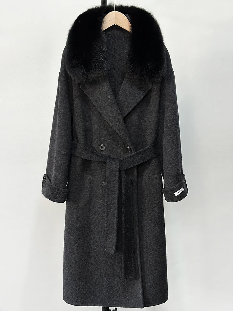 Jaket Bulu Rubah Asli Ukuran Besar untuk Wanita Musim Dingin 2025, Mantel Kasmir Campuran Wol Panjang dengan Sabuk, Pakaian Hangat Wanita untuk Gaya Jalanan