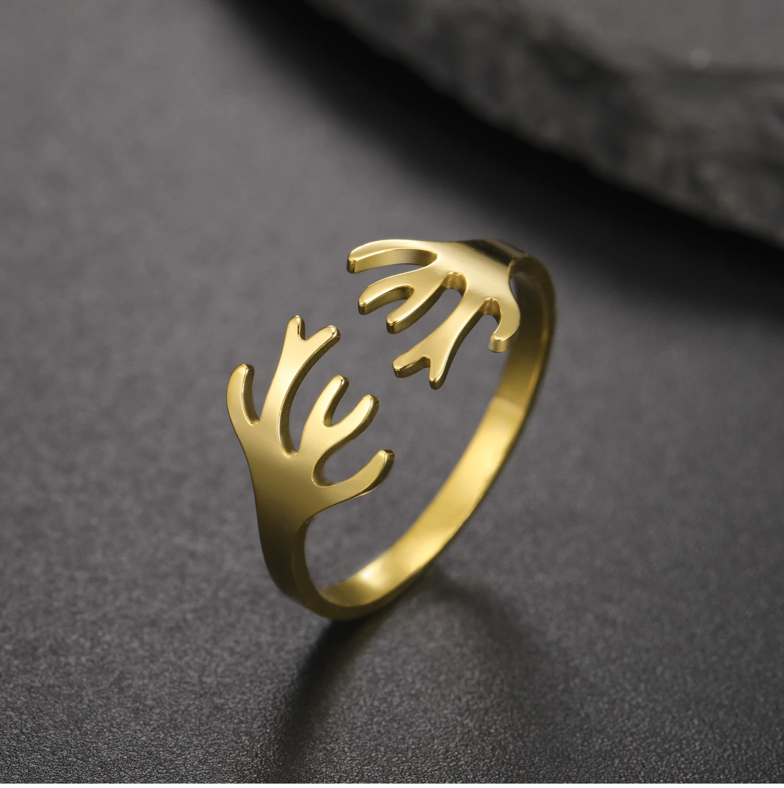 CoolTime Hirschgeweih Offener Ring Goldfarben Edelstahl Verstellbarer Ring Tierschmuck Geschenk für Liebhaber Natürliches Alltagsaccessoire – Detail 6