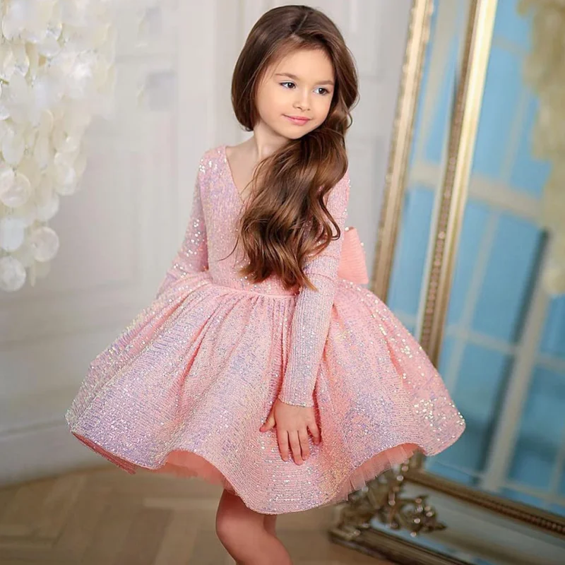 Flower Girl Dresses Pink Tulle Puffy Sparkly Sequin With Bow Long Sleeve For Wedding Birthday Party Banquet Princess Gowns