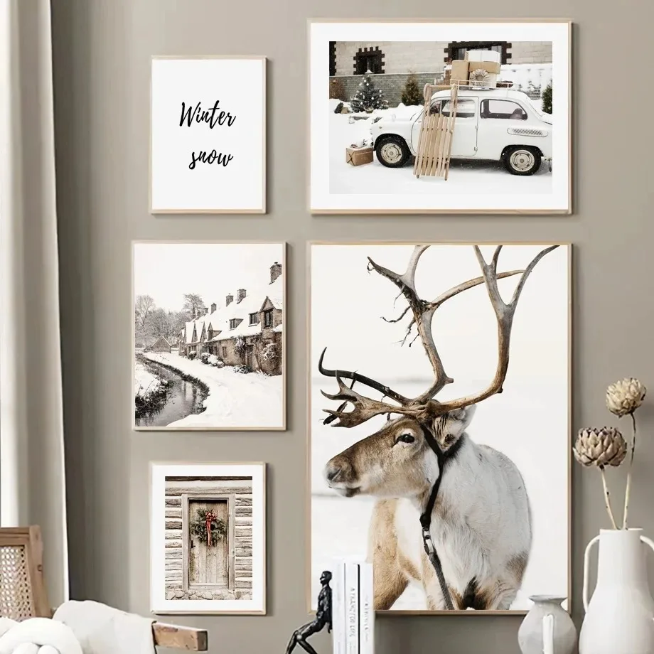 Winter Scenery Poster Wall Art Canvas Painting Modern Snow Elk Deer House Picture Home Decor Prints For Living Room Wall Design