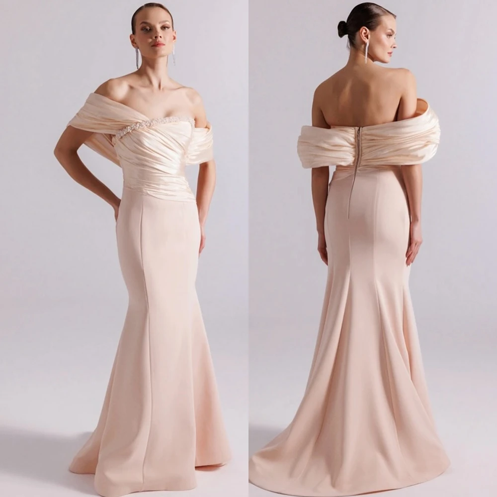 カスタマイズされたフォーマルジャージストラップレスイブニングドレス繊細な真珠ウエディングドレス高級オフショルダー特別な日のドレス