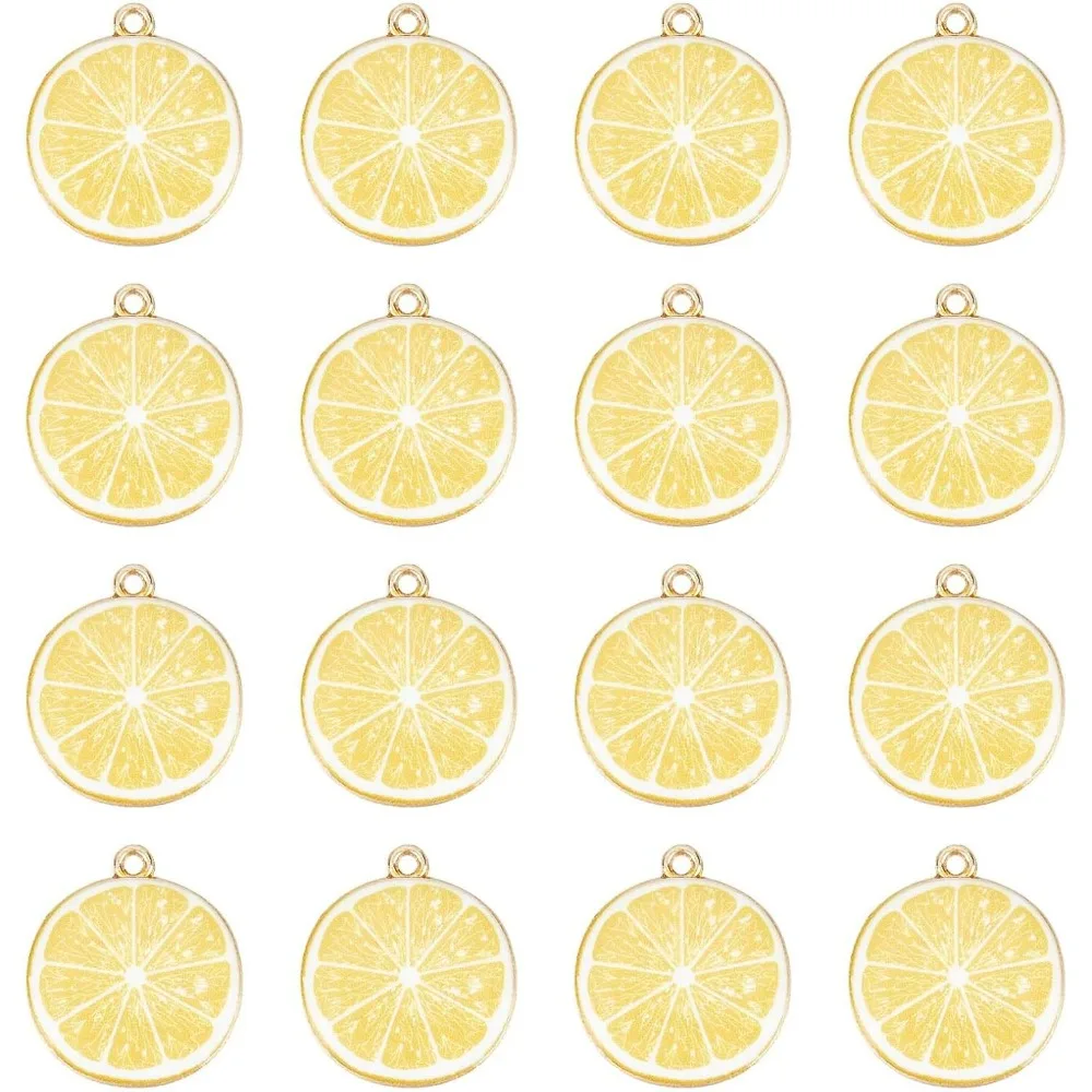 1 Box 40Pcs Fruit Charms Yellow Lemon Charm Enamel Light Gold Plated Alloy Lemon Slice Flat Round Charms Miniature making kit