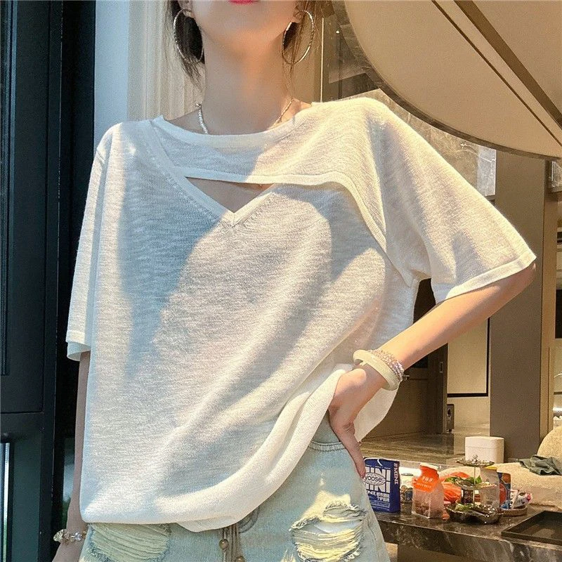 

Summer Women Hollow Out O Neck Short Sleeve T Shirt Korean Fashion Casual All-match Sweet Loose Clothing Black White Yoga Sports