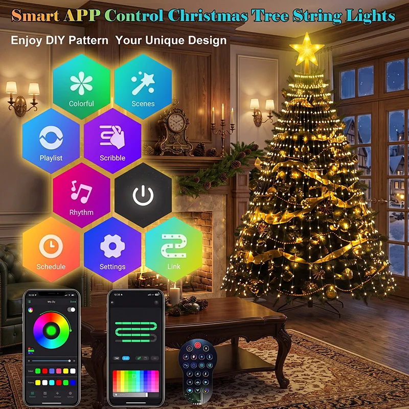 Smart Christmas Tree Lights with Star LED String Lights APP Remote Control DIY 16 Million Colors Music Sync for Xmas Tree Decor