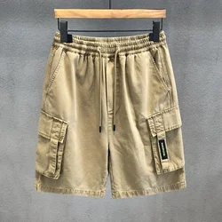 Vintage Fashion Solid Color Patch Men's Cargo Short Loose Waist Drawstring Multiple Pockets Street Casual Casual Male Shorts