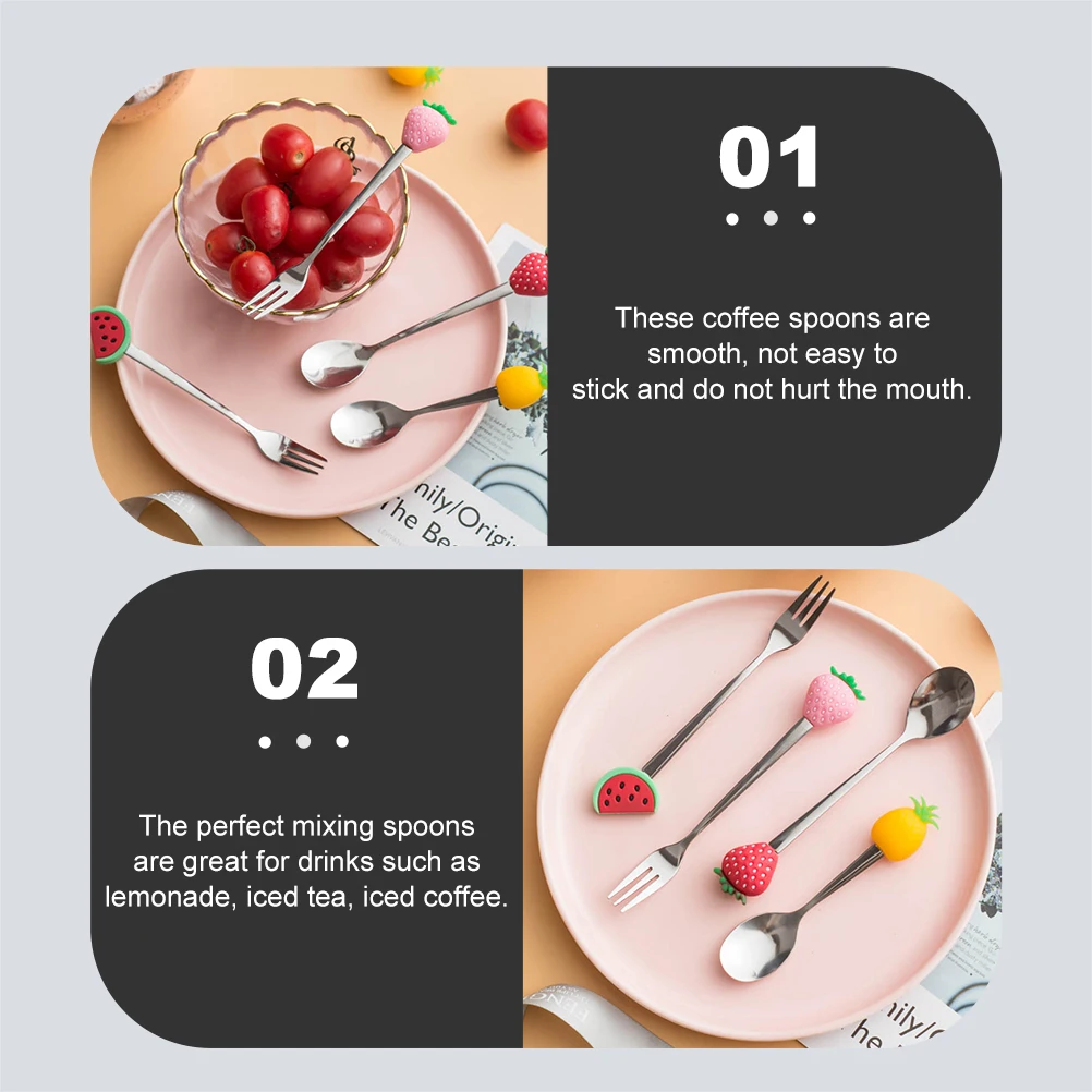

4pcs Colorful Fruit Shape Coffee Stainless Steel Silicone Rustproof Ice Cream Juice Mixing Spoons For Drinks Lemonade Iced Tea