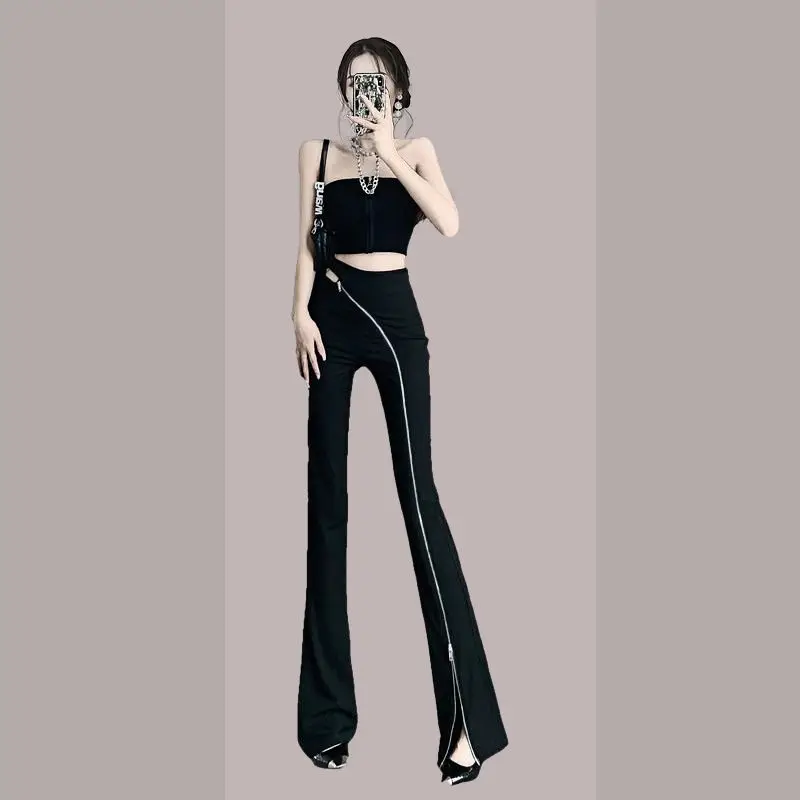 

Новые модные брюки-клеш на молнии для женщин: весенне-осенние, с высокой талией, облегающие, однотонные, элегантные, для офиса