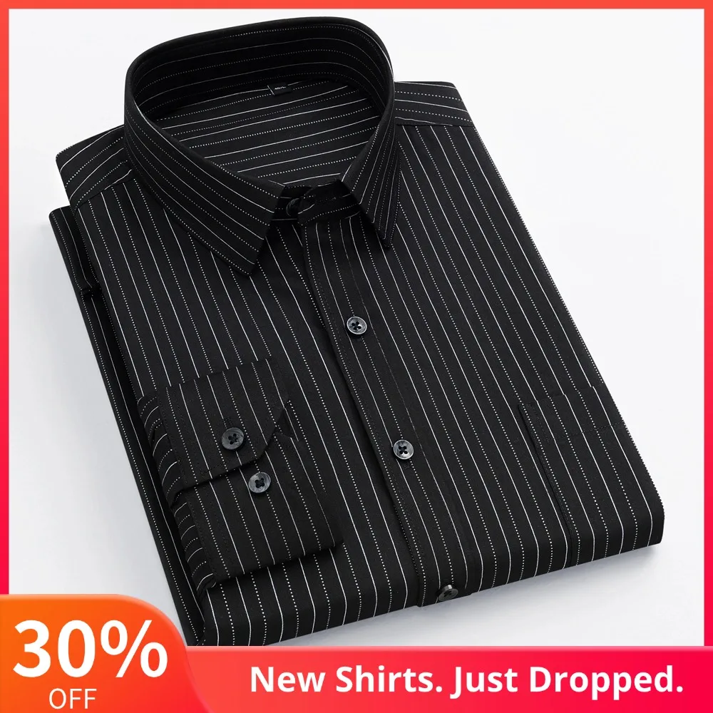 Camisa masculina listrada xadrez manga comprida com bolso no peito – camisas casuais leves e elásticas com botões perfeitas para todas as estações