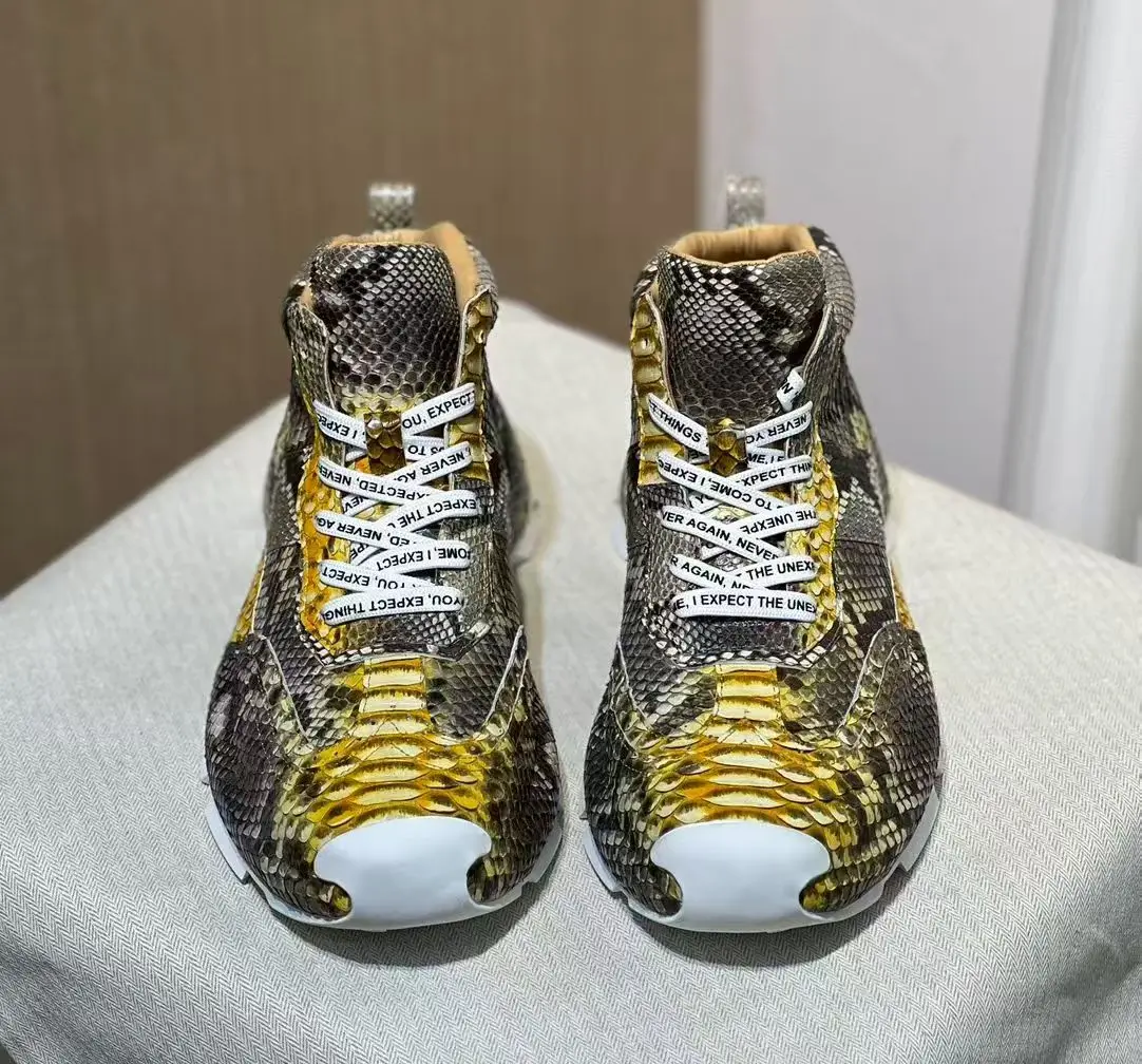 حذاء رجالي أصلي من جلد الثعبان الحقيقي، حذاء رياضي رجالي عالي الجودة من جلد الثعبان باللون الذهبي والأصفر مع بطانة بقرة #2