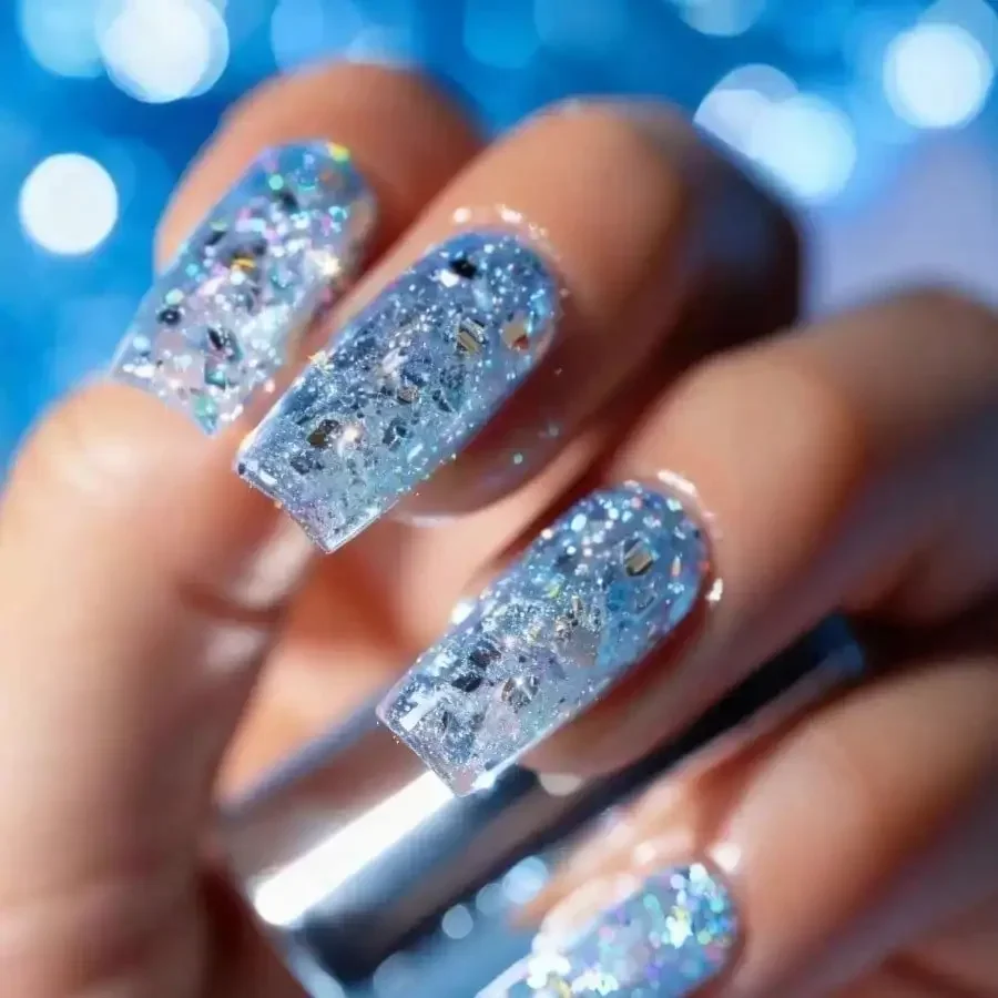 

24Pcs Blue Starry Sky Ballet Press On Nails, Glitter Rhinestone Reusable, For Party Daily