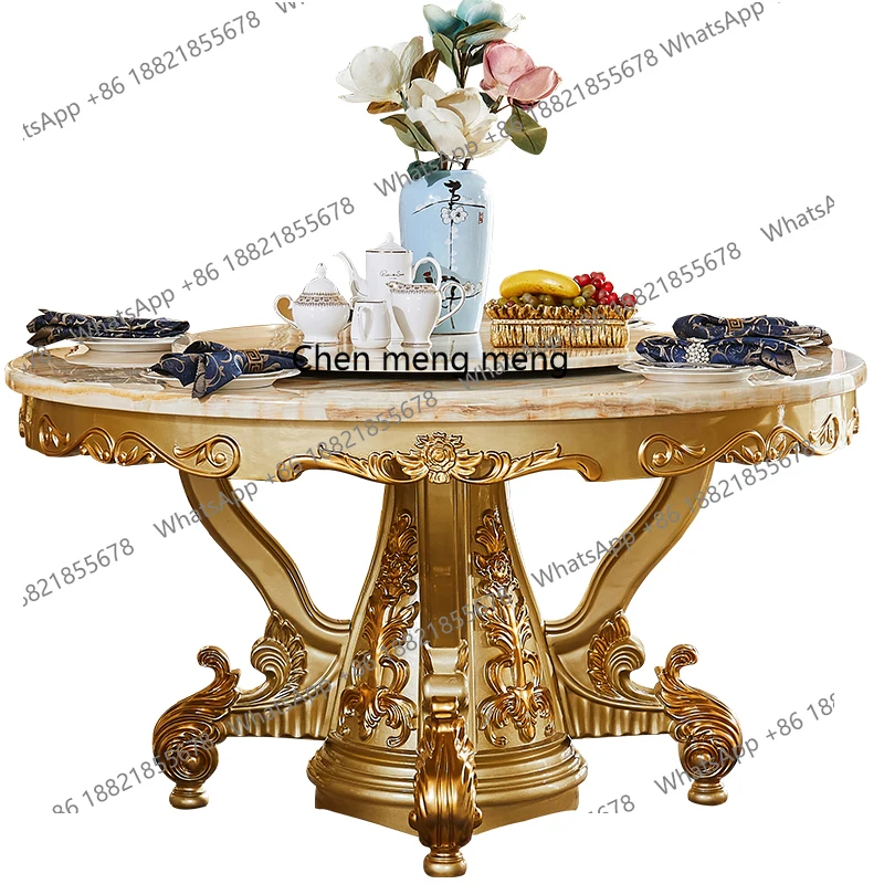 

European dining table marble round table full solid wood carving flower home hotel villa table and chair combination