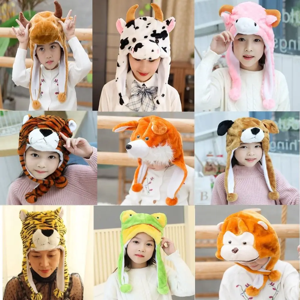 Cartoon Plush Moving Hat Neck Warmer Trapper Hat Animal Earflap Hat Funny Toys Ear Protection Movable Ears Airbag Cap Christmas