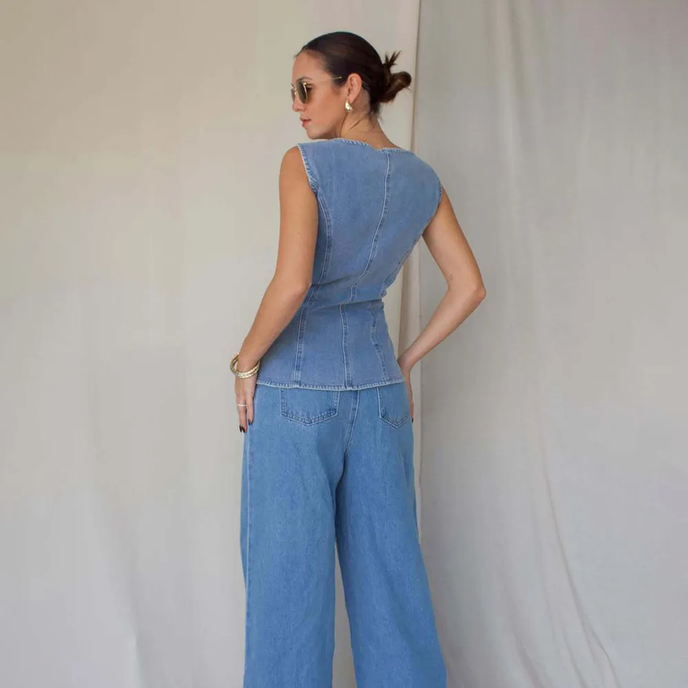 Set Celana Panjang Denim Fashion Wanita Musim Panas 2025 Rompi Ramping Kasual dan Jeans Longgar Kaki Lebar Set Dua Potong
