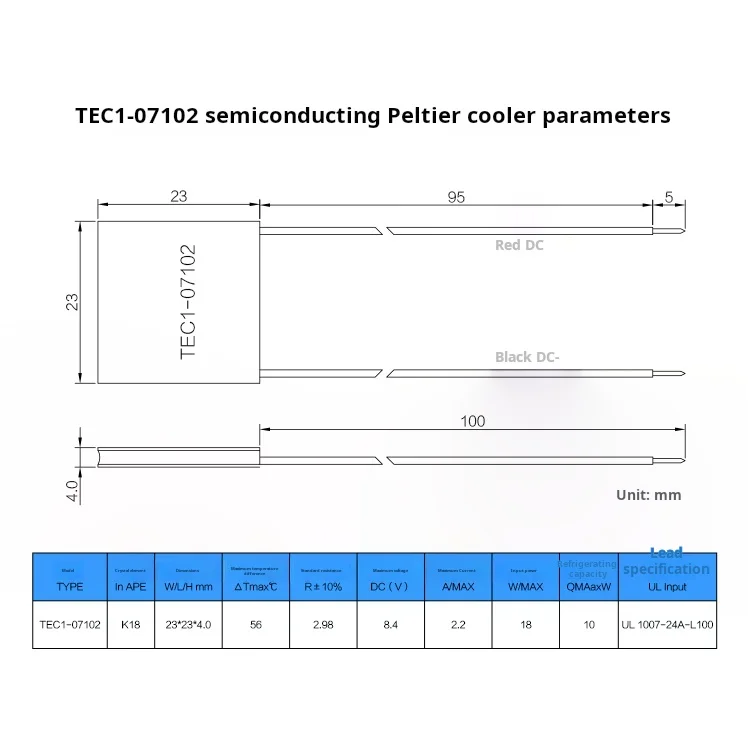 Tec1-07102 Semiconducting peltier cooler usb Mobile phone radiator supporting low power 23*23*4.0mm