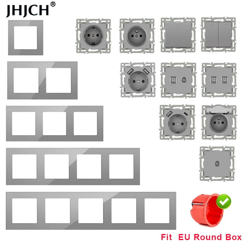 jhjch wall-mounted module diy European standard gray crystal glass panel socket switch button free combination function