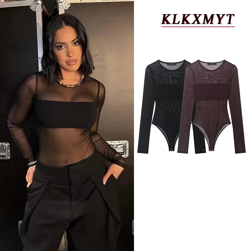 

Women Sexy Mesh Bodysuit Women Spring Summer New Long Sleeve See-Through Slim Bodysuits For Women O-Neck Bodycon Jumpsuit