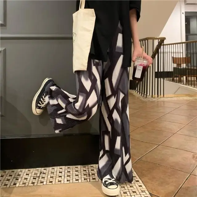 Diamond Grid Printed Pleated Wide Leg Pants Women Loose and Versatile Hanging Feel FloorHigh Waisted Straight Leg Casual Pant