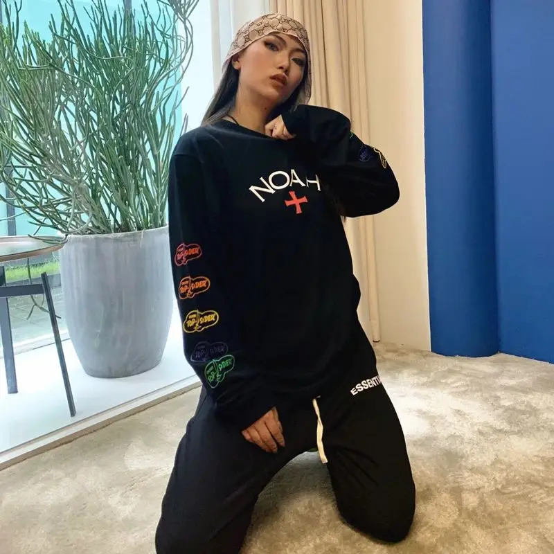 Fashion Streetwear 1:1 New T-Shirts Black White Casual Couple O-Neck Cotton Cross Logo Colorful Letter Printing NOAH Long Sleeve