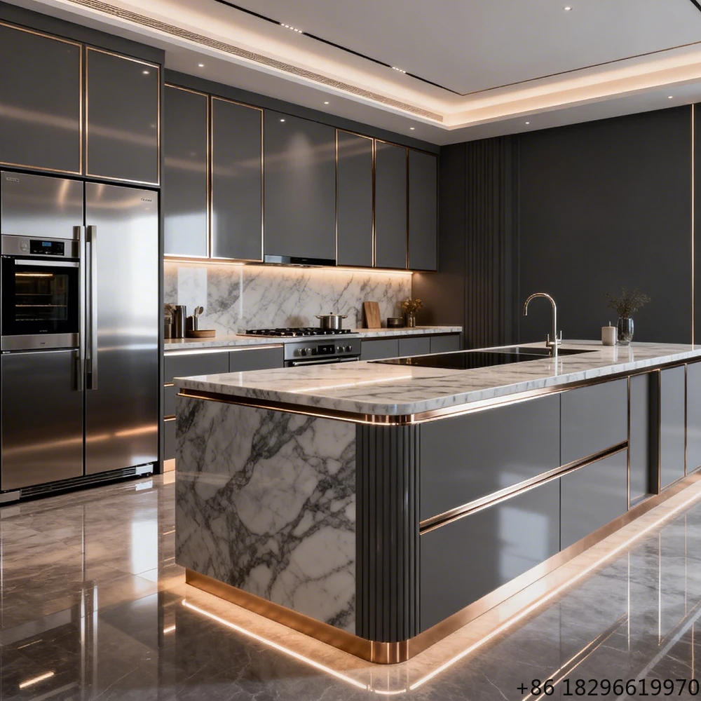 Gray Light Luxury Kitchen Cabinet Set Double Sided Laminate Stone Island With Sink Villa Custom Solution
