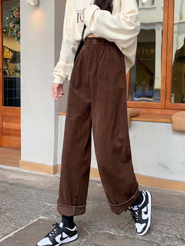 

ZOKI Vintage Women Corduroy Pants Spring High Waist Straight Trousers Casual Korean Cotton Black Work All Match Brown Pants New