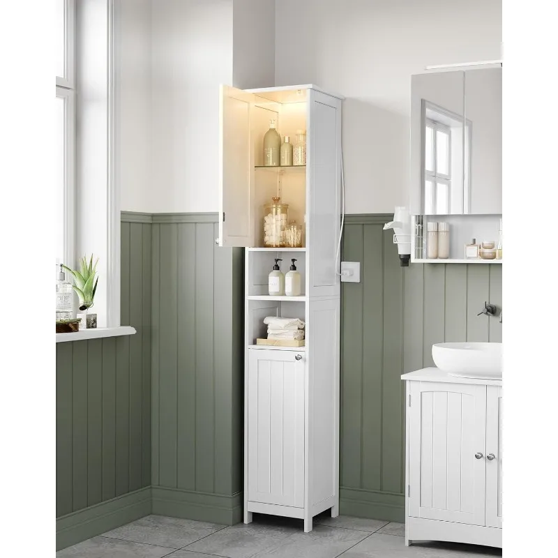 Tall Bathroom Cabinet with Lights, Slim Bathroom Storage Cabinet, Freestanding Narrow Cabinet with Adjustable Shelves