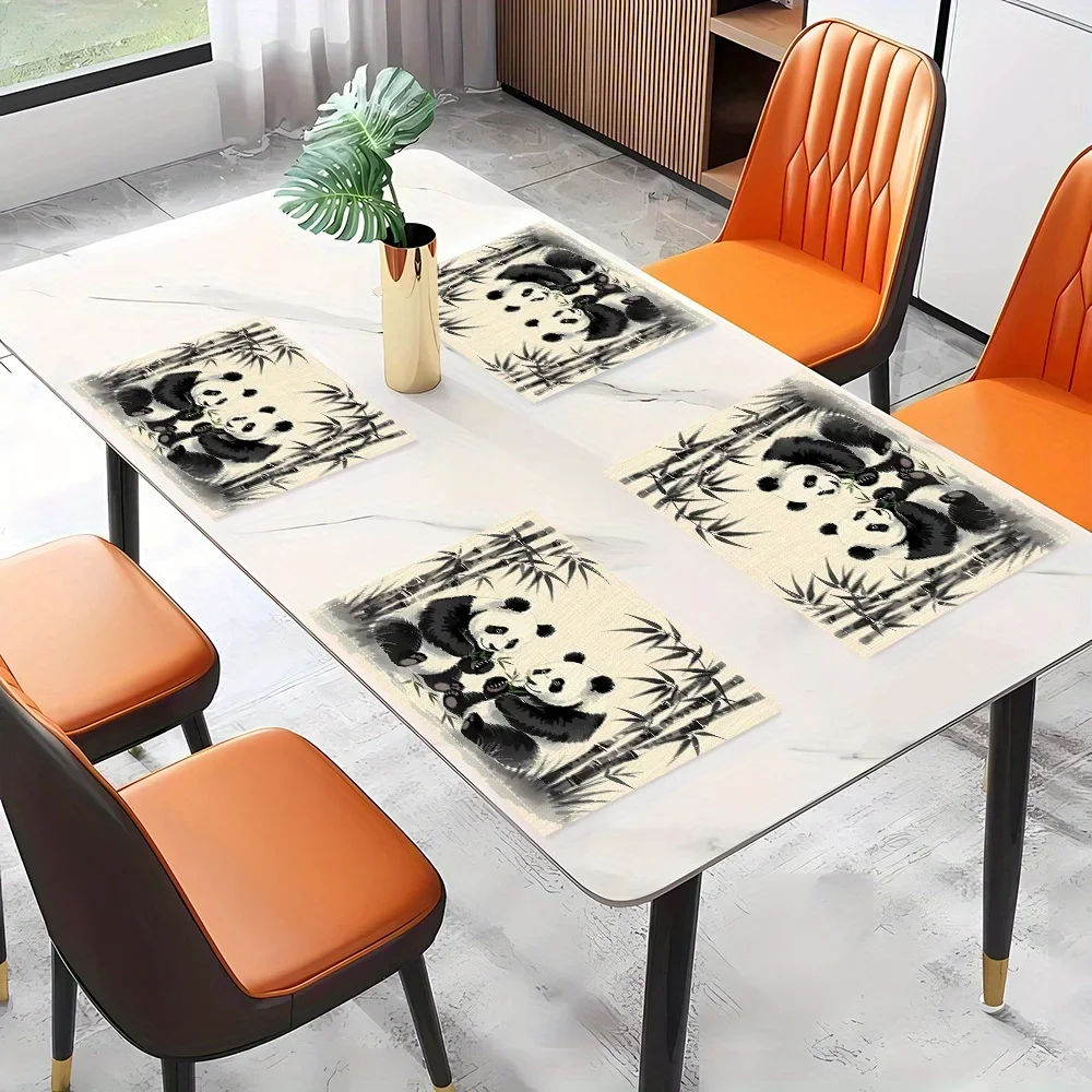 Four Pcs Panda Bamboo Placemats Set Of Four Chinese Style Linen Table Mats Animal Decor