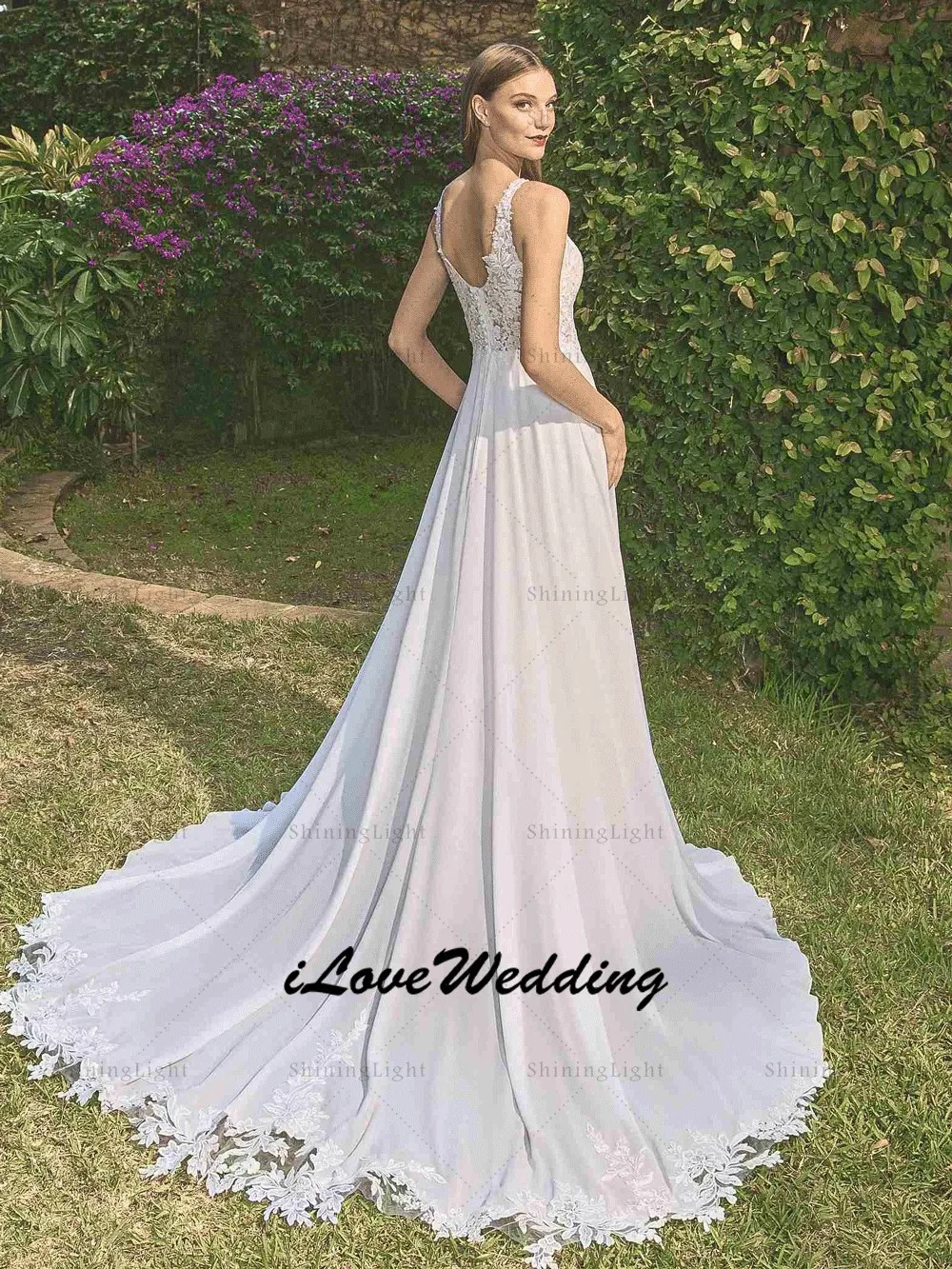 ShiningLight ボヘミア A ラインシフォンウェディングドレス女性のためのノースリーブレース V ネック花嫁ドレス Vestido デノビアカスタマイズ