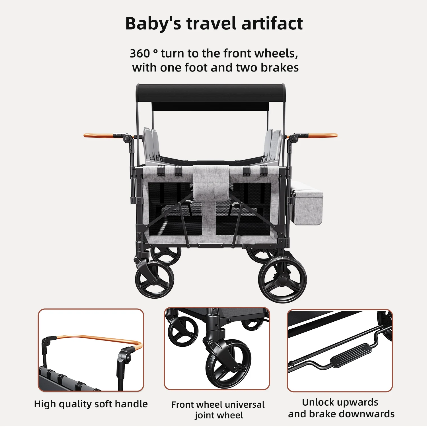 4-Seater Quad Stroller Wagon - Spacious, Collapsible, and Safe Ride with 5-Point Harnesses, Easy Access Zipper Door, and Removab