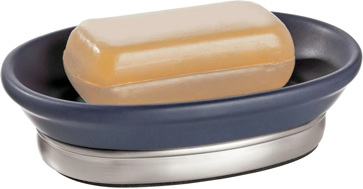 

Ceramic and Steel Bar Holder Soap Dish, Matte Navy with Brushed Nickel Finish