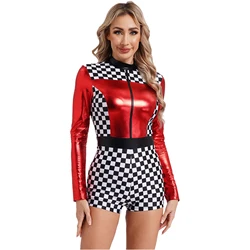 Women's Race Car Driver Romper Bodysuit Halloween Cosplay Costumes Theme Checkerboard Print Long Sleeve Boyshorts Racer Jumpsuit