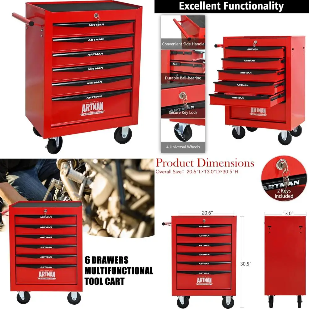 Multifunctionele rollende gereedschapswagen met 6 laden, robuuste trolley-organizer voor gereedschapsopslag in magazijnen