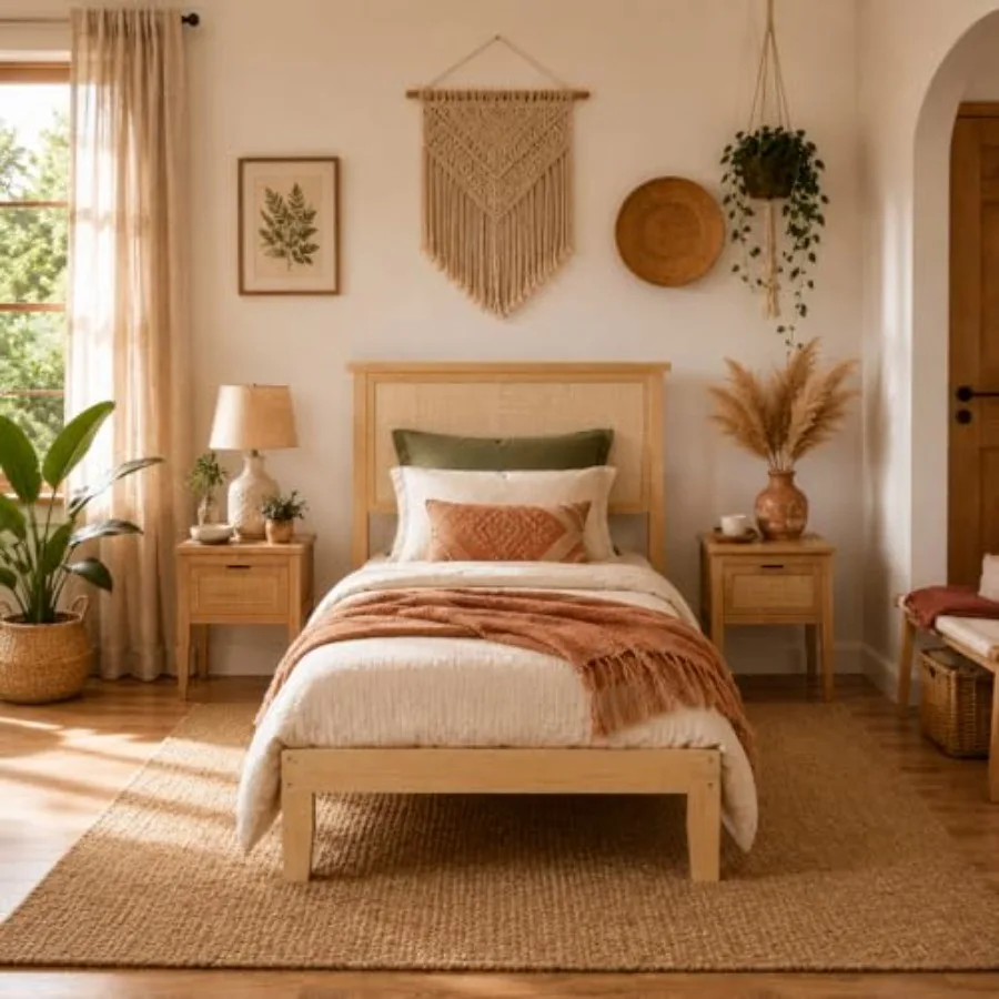 Wood Bed Frame with LED Light and Rattan Headboard Modern Bedroom Furniture, Warm White Lighting, Natural Beige Finish, Space-S