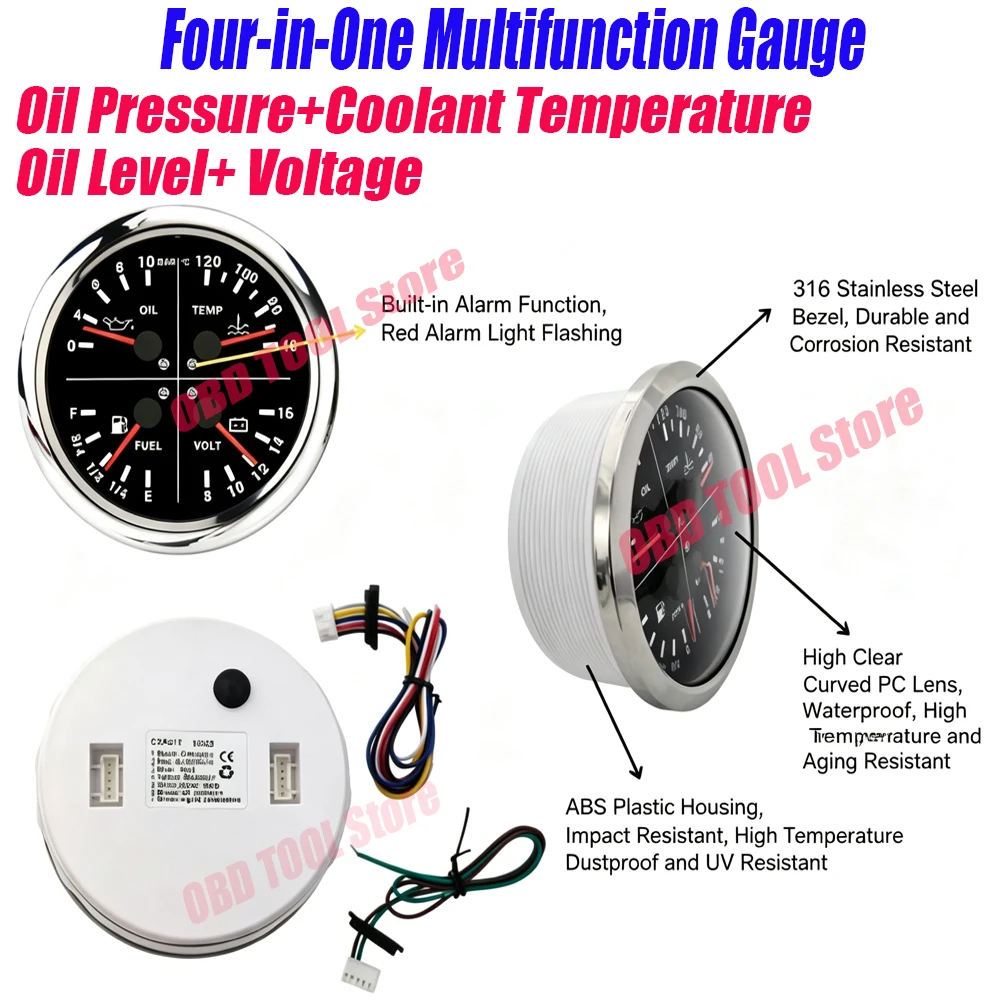 110 mm 4-in-1 Multifunction Gauge Oil Pressure Coolant Temperature Fuel Level Voltage Gauges High-Precision Stepper Motor Water
