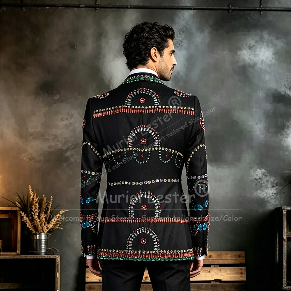 Beadwork Groom Wedding Suit For Man Double Breasted Jacket Pants 2 Piece Sets Stones Men Prom Tuxedo Formal Wear Costumes Hommes