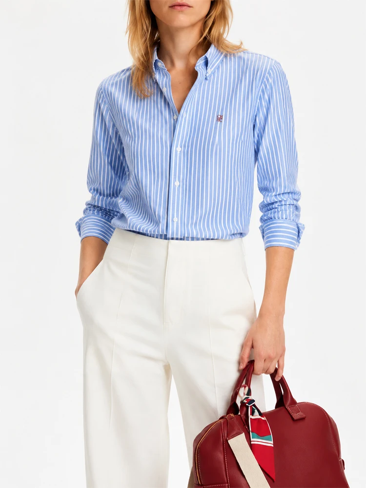 CH Damen Blau-Weiß Gestreiftes Hemd Langarm Daunenbluse Lässige Büro-Damen-Oberteile Modisches Slim-Fit Business-Arbeitshemd – Detail 8