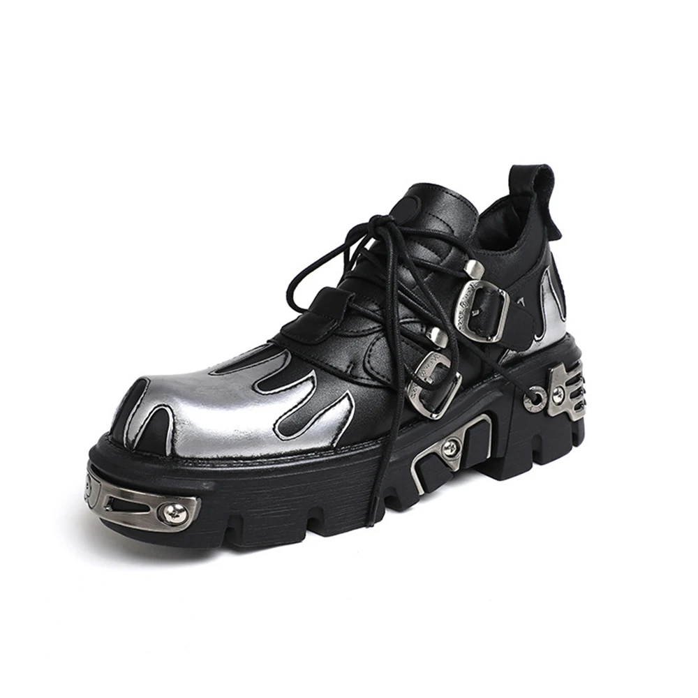 U-Double Punk Style Woman Gothic Flame Carved Vintage Rock Shoes 2022 New Dark  Leather Shoes Metal Niche Low Top Platform Shoes