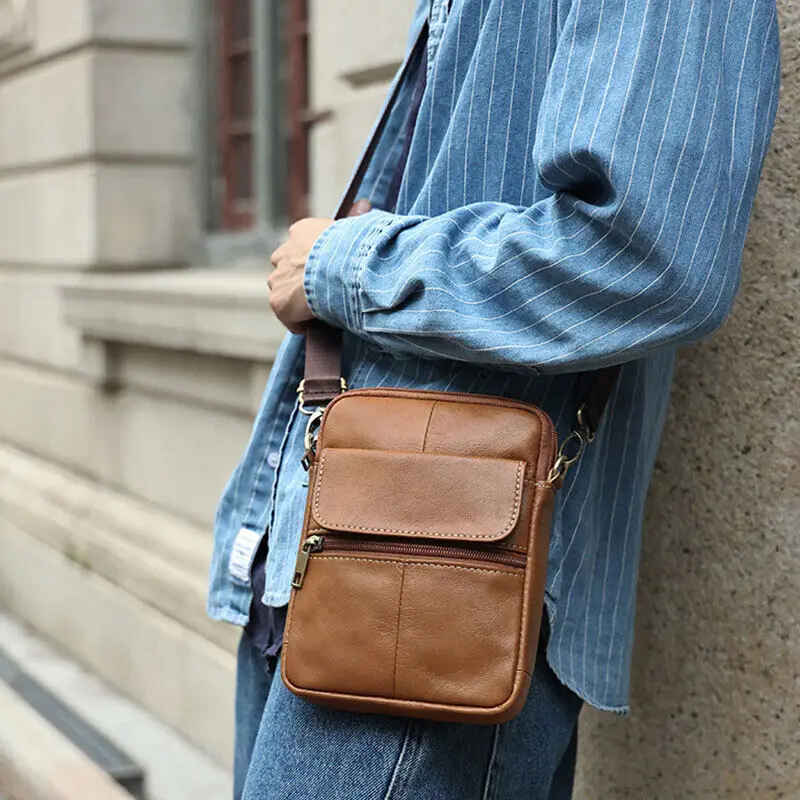 Retro Pure Color Casual Business Genuine Leather Cowhide Single Shoulder Crossbody Phone Storage Bag for Men