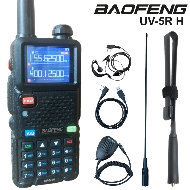 

Радиостанция Baofeng UV-5RH 10W, 6-диапазонная, 999 каналов, цветной экран 1,77 дюйма, беспроводное копирование частот и быстрая зарядка Type-C