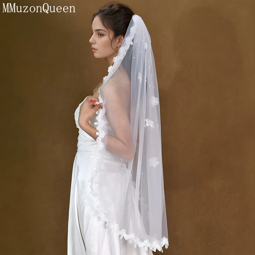 MMQ Lace 3d Flower Bridal Veil Refers To Long White Soft Tulle Outdoor Forest Wedding Accessory velo de novia corto  M19