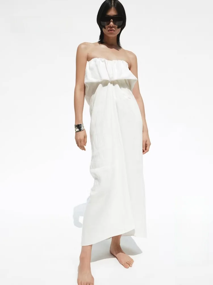 

Edition Red Label Summer 2025 New Linen Strapl Dr EBE2DRS063 Women's Mid-Length Straight-Line U-Ne Daily Wear Dr