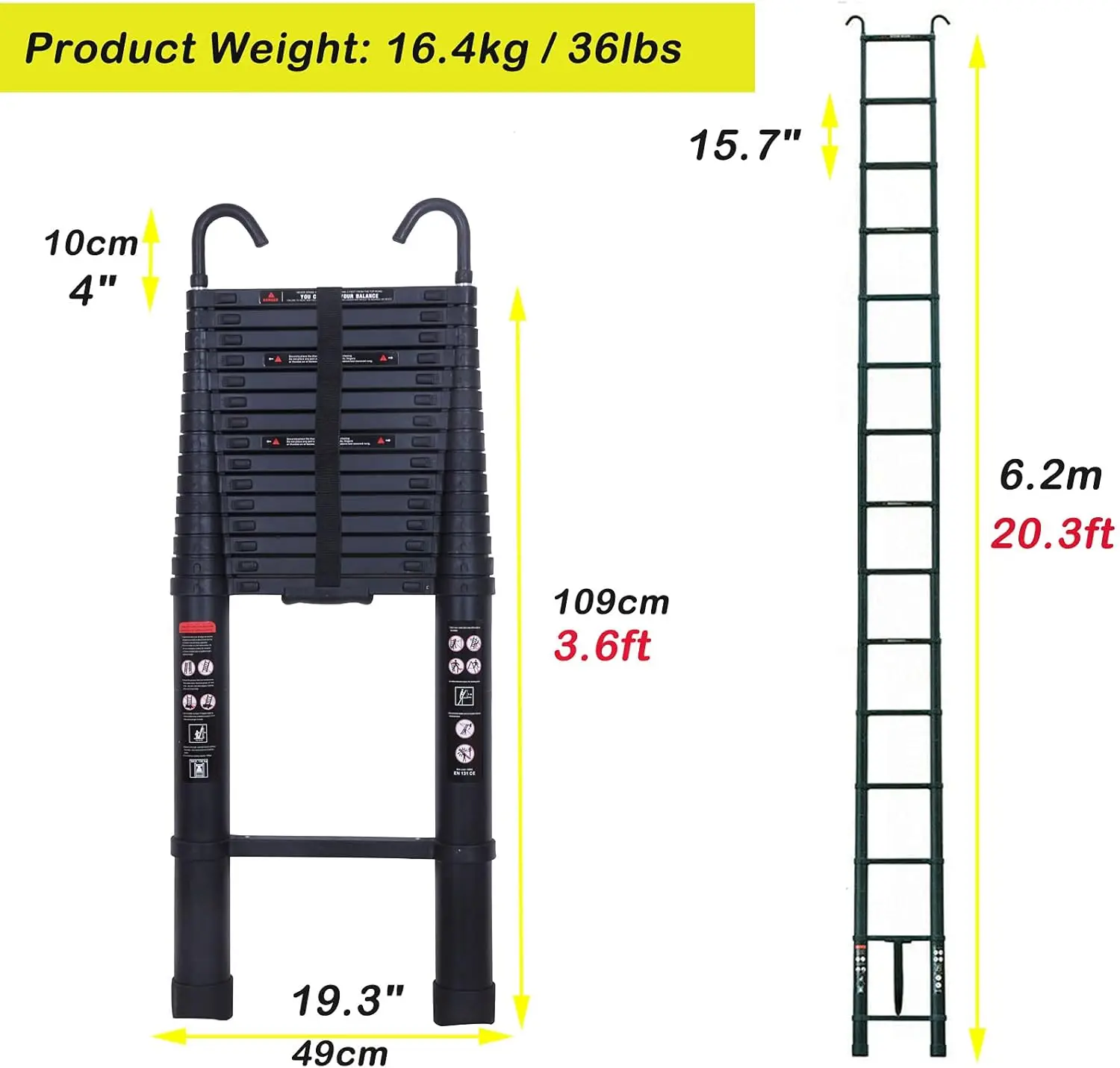 20,3ft/6,2M trapladder aluminium telescopische ladder + afneembare dakhaken, zwart, 330 lbs laadvermogen, 15 stappen in hoogte verstelbaar