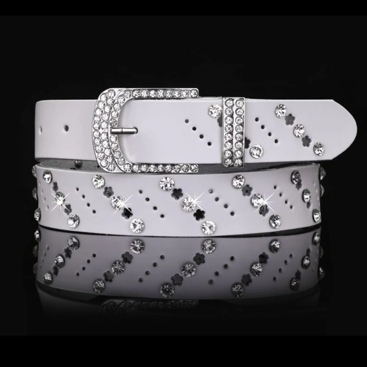 Women Genuine Leather Buckle Belt Cowhide Waistband Fashion Leopard Print Pants Strap Rhinestone Crystal Belt