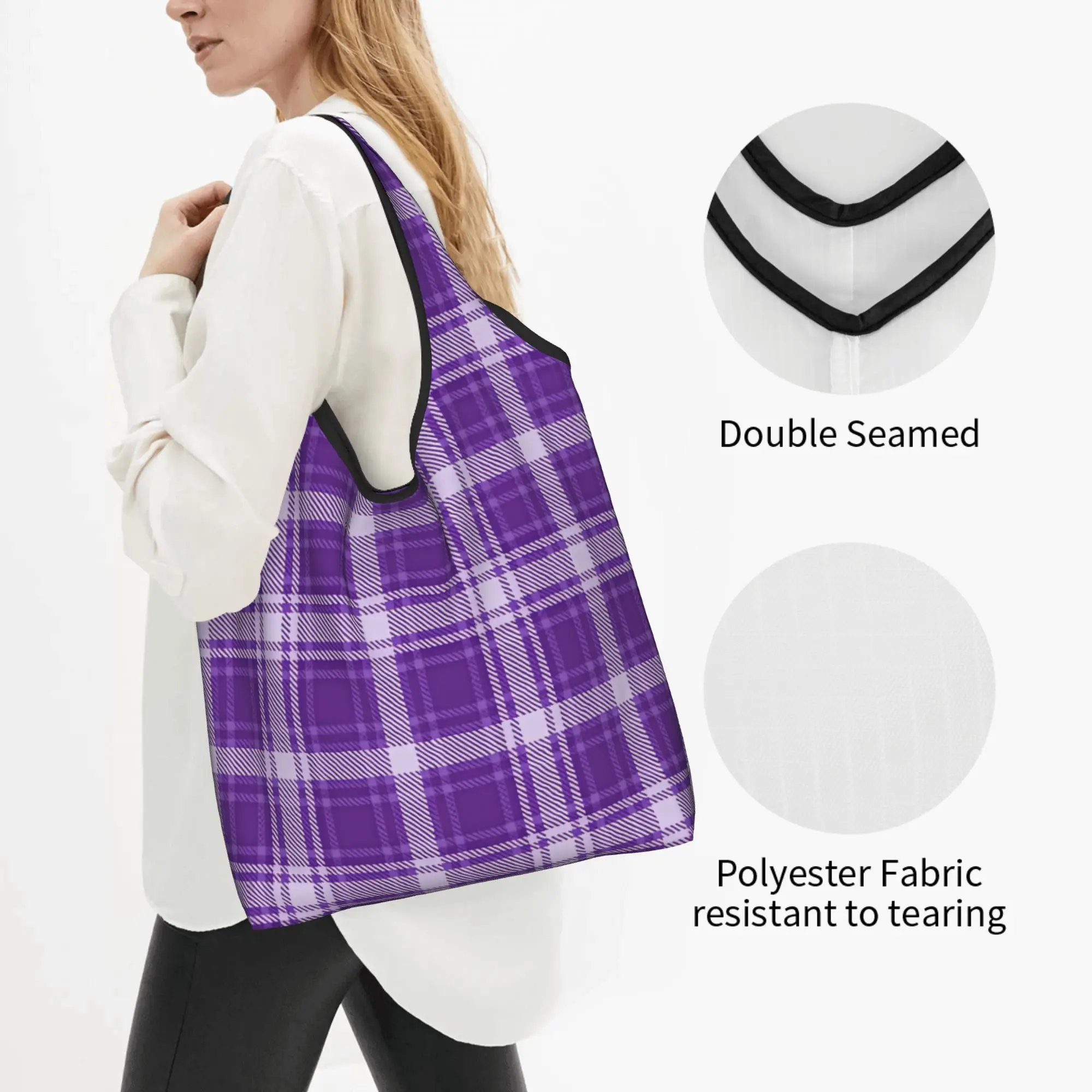 Fashion British Style Purple Tartan Plaid Shopping Tote Bag Portable Geometric Lines Groceries Shoulder Shopper Bag