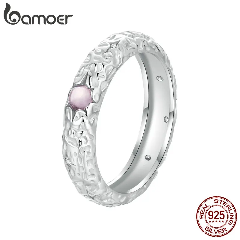 Bamoer Original 925 Sterling Silver Pink Meteor Crater Rings Textured Wide Rose Size Ring  For Women Wedding Party Anniversary