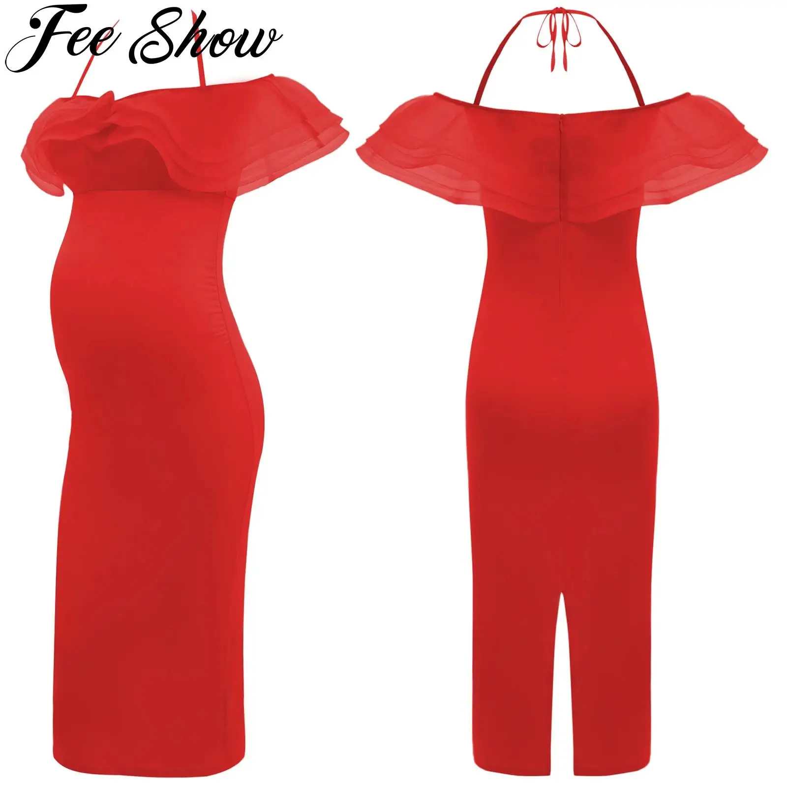 

Женское элегантное вечернее платье с открытыми плечами для беременных с оборками, облегающее тюлевое платье макси, платье для дня рождения, свадьбы, вечера, фотографии