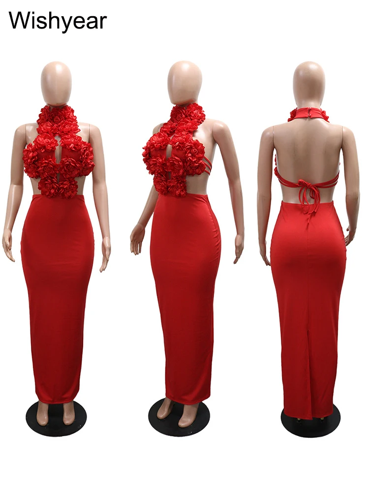 جديد الخريف الرسن أكمام عارية الذراعين انقطاع الأحمر 3D زهرة فستان طويل ماكسي للنساء أنيقة مثير مساء حفلة عيد ميلاد Vestido